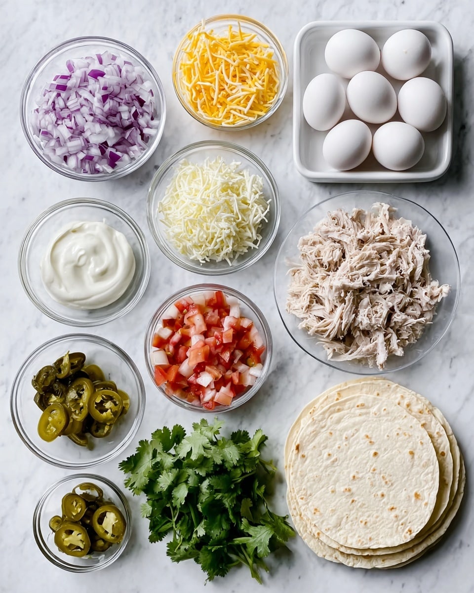 A white marble surface holds several clear glass bowls and white plates filled with ingredients for cooking. On the left, a small glass bowl contains chopped purple onions, next to it a bowl with shredded yellow cheese, and a larger bowl with white shredded cheese. Near the center, there is a glass bowl with white cream sauce and another bowl with green pickled jalapeños. A dozen white eggs lay in a white tray beside a bowl with diced red tomatoes and a larger bowl filled with shredded cooked chicken. On the right, a stack of six white tortillas rests on the marble. In the lower right corner, fresh green cilantro leaves are placed beside the bowls. The scene is neat and brightly lit, showing every ingredient clearly, photo taken with an iphone --ar 4:5 --v 7