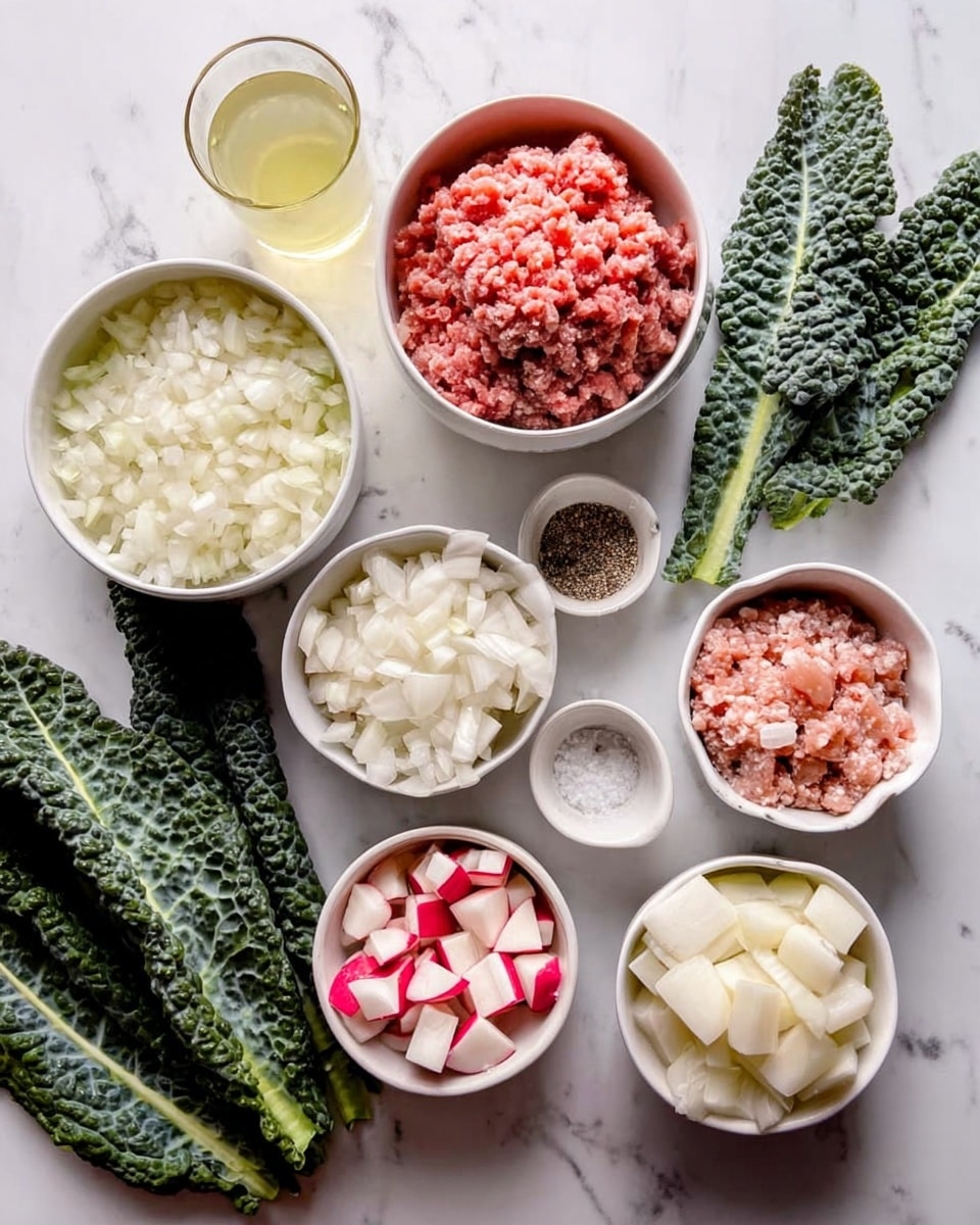 This image shows several white bowls and small white containers arranged on a white marbled surface. There are five white bowls: one filled with chopped onions, one with ground red meat, one with chopped light pink meat, one with cubed white and red radishes, and one with coarse salt. There are also two small white containers, one with a white liquid and the other with pepper seeds. Near the bowls, there are three dark green kale leaves placed flat on the surface, and a glass filled with a light yellow liquid is also present. The colors contrast well with the white bowls and background, showing a mix of red, green, white, and light colors. photo taken with an iphone --ar 4:5 --v 7
