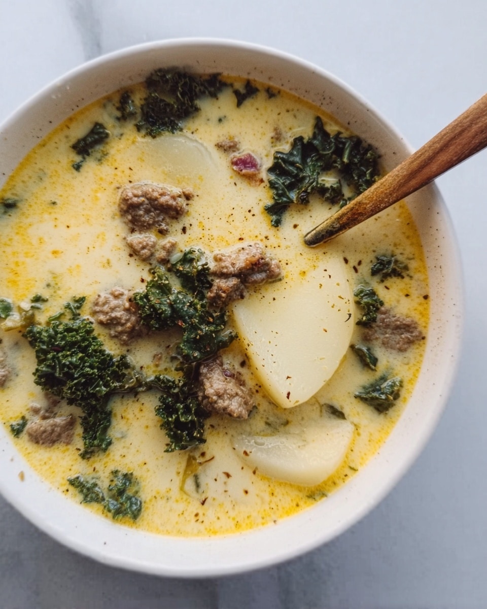 A white bowl filled with creamy yellow soup containing chunks of browned meat, leafy green kale pieces, and large white potato slices partially submerged. A wooden spoon is inside the soup, resting against the edge of the bowl. The bowl sits on a white marbled surface. photo taken with an iphone --ar 4:5 --v 7