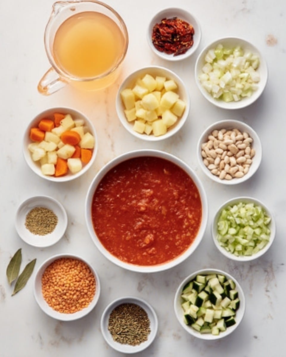 The image shows a white bowl filled with bright red tomato sauce placed near a clear glass jug of light orange broth on a white marbled surface. Around the bowl and jug are 14 small white bowls with different ingredients: one has orange carrot slices, another has pale chopped onions, another contains green chopped celery, a bowl of cubed pale yellow potatoes, a bowl of white beans, one with chopped green zucchini, a bowl of small white round ingredients, a bowl of brown lentils, a light yellow liquid in a bowl, a few dried leaves, some white garlic cloves, small dried red peppers, a small bowl with a mix of green and brown spices, and one with seeds. All bowls are neatly arranged in a circle around the main bowl and jug, creating a clean and organized look. photo taken with an iphone --ar 4:5 --v 7