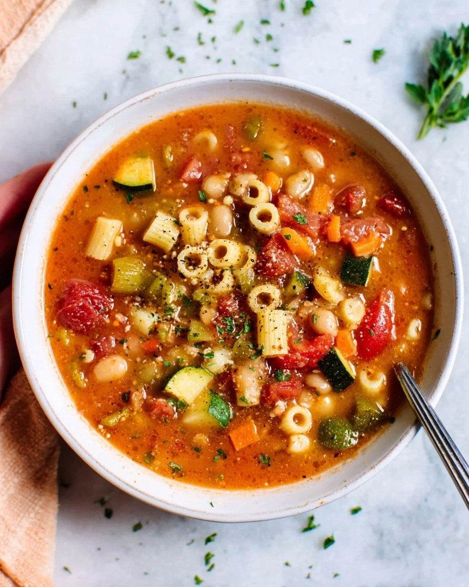 A white bowl filled with a thick, tomato-based soup containing visible pieces of zucchini, diced tomatoes, white beans, and pasta tubes. The soup has a warm orange-red color with green herbs sprinkled on top. The bowl sits on a white marbled surface with small green herb pieces scattered around nearby. Part of a woman's hand is seen holding the bowl from the top right corner. Photo taken with an iphone --ar 4:5 --v 7