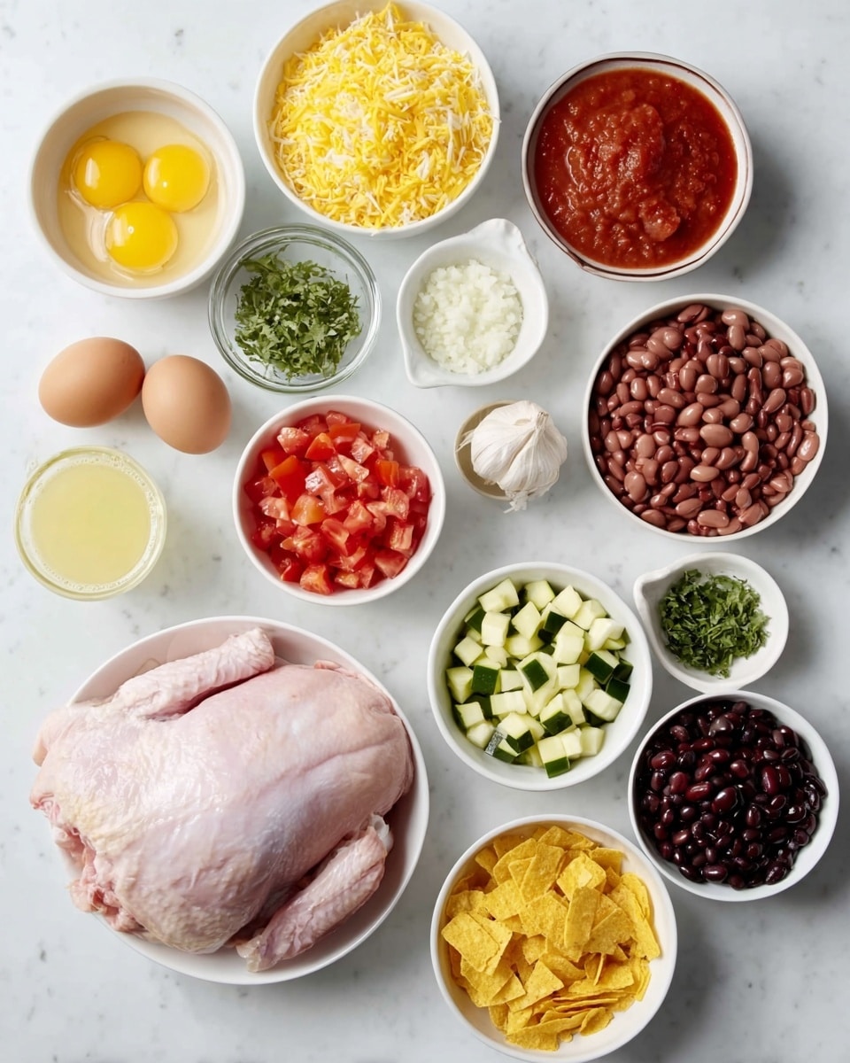 The image shows an organized layout of multiple white bowls filled with different ingredients on a white marbled surface. In the bottom left, there is a large raw chicken, light pink in color, occupying a white bowl. Surrounding the chicken, there are smaller white bowls with bright yellow cooked eggs, diced red tomatoes, dark brown beans, cubed pale green zucchini, minced white garlic on a white spoon, thick red sauce, green chopped herbs, finely grated pale yellow cheese, dark reddish-brown cooked beans, crushed yellow chips, and a small white cup with a light yellow liquid. The setup is neat, colorful, and each ingredient is clearly visible in separate containers. Photo taken with an iphone --ar 4:5 --v 7