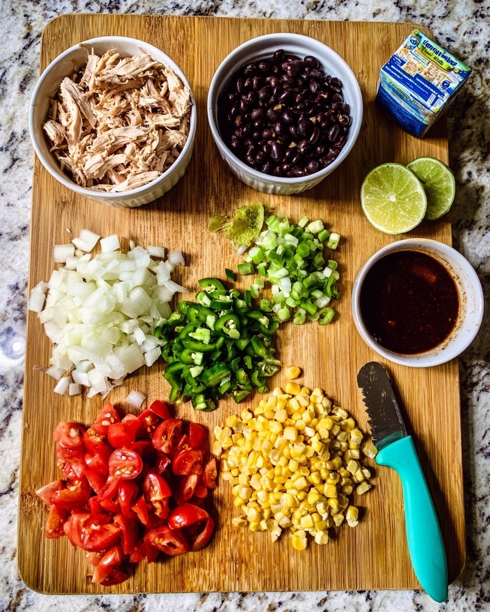 The image shows a wooden cutting board on a white marbled surface with various chopped ingredients neatly placed in separate piles. From left to right, there is shredded cooked chicken in a white bowl, a small white bowl of black beans, diced white onions, chopped green jalapeños, diced red tomatoes, whole corn kernels, and a halved lime. A turquoise knife lies to the right of the ingredients with a small white bowl of dark sauce near the top right corner. A woman's hand is not visible but implied to be holding or near the knife. Photo taken with an iphone --ar 4:5 --v 7