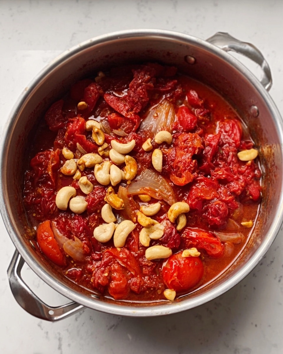 A silver cooking pot filled with chunky tomato sauce on a white marbled surface. The sauce has several layers: the bottom layer is a rich mix of crushed and whole cooked tomatoes with a deep red color and soft texture. On top of the tomatoes, there are scattered light beige nuts, likely cashews, adding texture contrast. Around the nuts, pieces of red tomatoes and light-colored sliced onions are visible, mixed in the thick sauce that has some oil glistening on the surface. The pot has two handles, and the sauce looks freshly cooked with a mix of smooth and chunky parts. Photo taken with an iphone --ar 4:5 --v 7