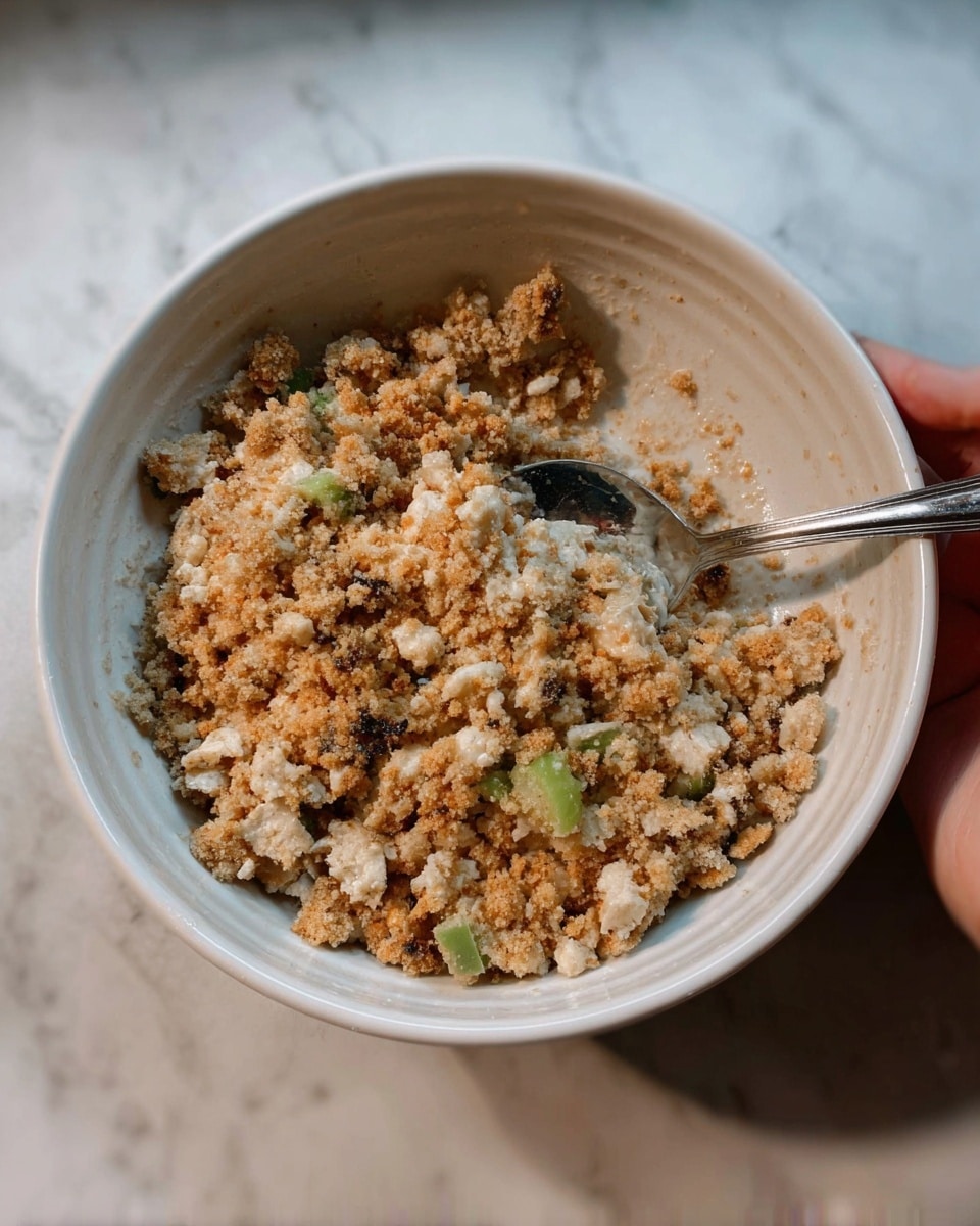 A white bowl filled with a mixture of crumbly light brown and tan pieces, mixed with small chunks of green and white bits, resting on a white marbled surface. A spoon is placed inside the bowl, held by a woman's hand at the top right edge. The texture looks soft and slightly grainy with some chunks scattered throughout. photo taken with an iphone --ar 4:5 --v 7