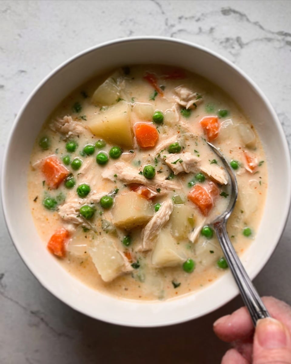 The image shows a white bowl filled with creamy soup that has chunks of light beige chicken, bright orange carrot pieces, green peas, and small white potato cubes mixed throughout. The soup base is thick and pale, almost like a creamy broth. There is a silver spoon resting inside the bowl, with a woman's hand holding it on the right side. The bowl is placed on a white marbled surface. photo taken with an iphone --ar 4:5 --v 7