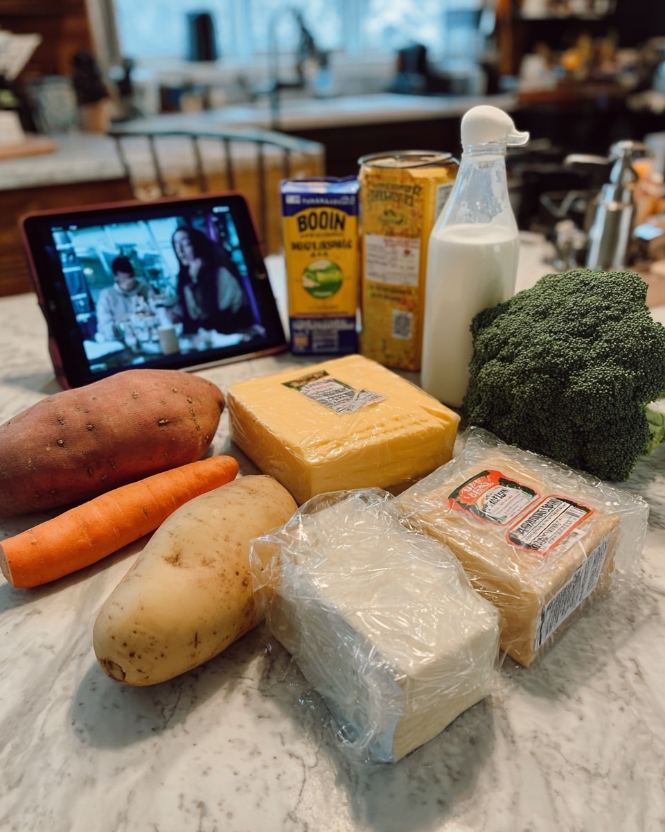 The image shows a kitchen counter with various food items neatly arranged on a white marbled surface. In the front, there are two peeled sweet potatoes, a large carrot, and a whole head of broccoli. Next to them are three different blocks of cheese, wrapped in plastic. Behind the cheeses, there is a yellow box of golden mustard and a bottle of milk. Also visible is a carton of chicken broth and a soap dispenser. In the background, a woman's hand is holding a tablet that displays a cooking video. The kitchen has a homey, warm feel. photo taken with an iphone --ar 4:5 --v 7