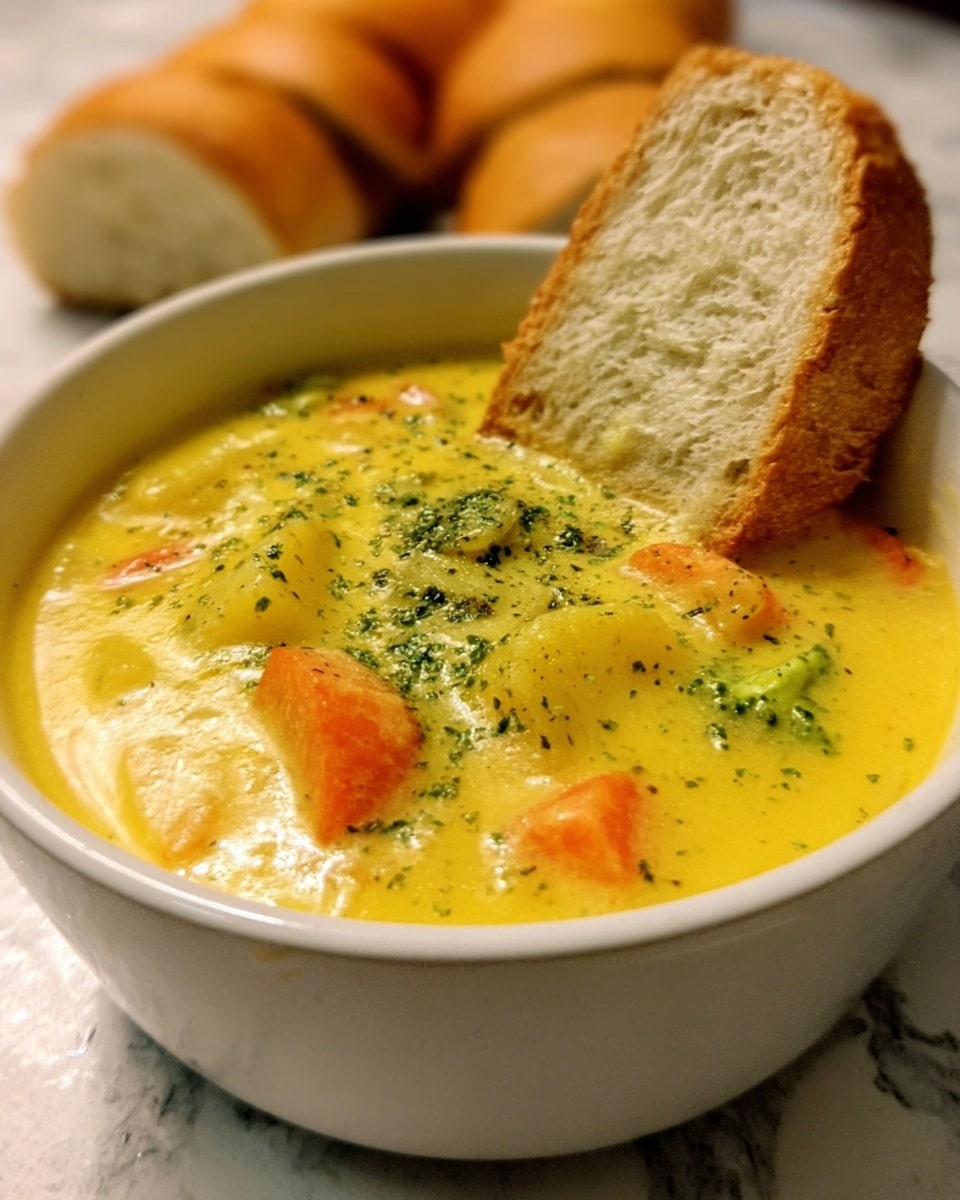 A white bowl filled with thick, creamy yellow soup with visible chunks of vegetables like carrots and potatoes, topped with sprinkled green herbs. A slice of white bread is resting on the edge of the bowl. The bowl is placed on a white marbled surface with more pieces of bread in the blurred background. Photo taken with an iphone --ar 4:5 --v 7