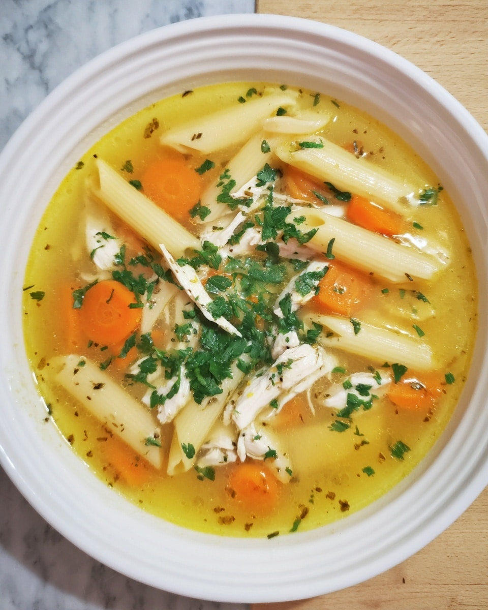 A white bowl filled with clear yellow broth with penne pasta, small pieces of white chicken, and sliced orange carrots floating in it. On top of the soup, there is a sprinkle of chopped green herbs that add color. The bowl sits on a white marbled surface. photo taken with an iphone --ar 4:5 --v 7