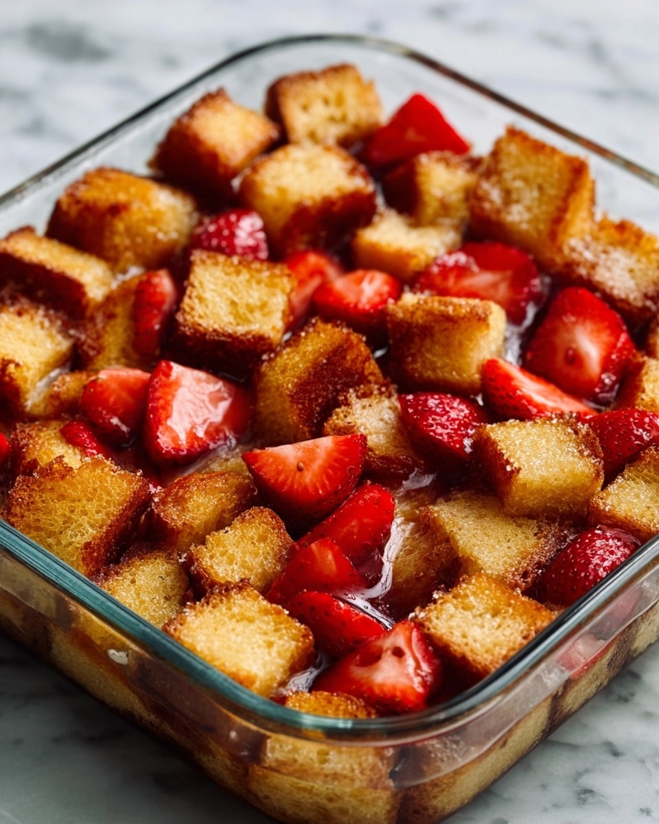 The image shows a clear glass square dish filled with golden-brown toasted bread cubes forming the base layer. Scattered evenly on top are bright red, fresh strawberry pieces, some halved and some quartered, adding a pop of color. The bread cubes have a slightly crispy, shiny texture, while the strawberries look juicy and soft. The dessert has a simple but inviting look, placed on a white marbled surface. photo taken with an iphone --ar 4:5 --v 7