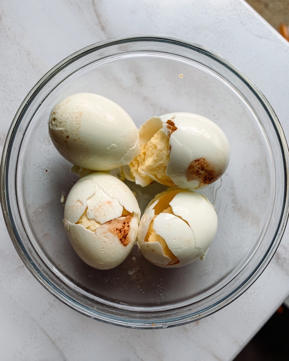 The image shows a clear glass bowl on a white marbled surface containing four cracked hard-boiled eggs with the shells still partially on, revealing the white and yellow parts inside. The shells are mainly white with some brown spots, and the eggs are placed close to each other in the bowl. The overall bowl is transparent, showing the textures of the shell and egg inside clearly. Photo taken with an iphone --ar 4:5 --v 7