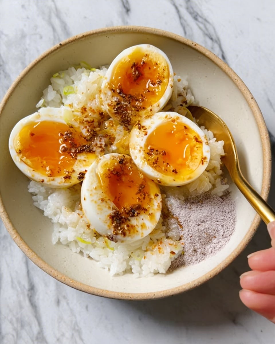 A white bowl contains three halves of soft-boiled eggs with bright orange, slightly runny yolks and white whites. The eggs rest on a bed of white rice, showing individual grains with a slightly sticky texture. The eggs are sprinkled with dark brown seasoning, adding texture and color contrast. To the side, there is a small pile of a fine, light purple powder, possibly a spice mix. A small gold spoon is placed inside the bowl, touching the rice and eggs. The bowl sits on a white marbled surface. A woman's hand holds a half egg above the bowl. photo taken with an iphone --ar 4:5 --v 7