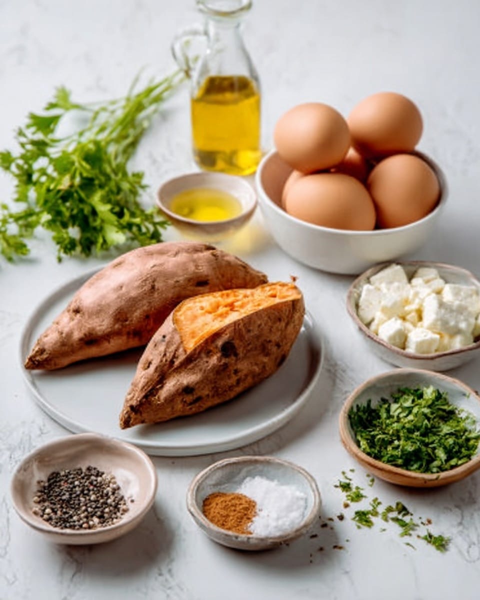 The image shows two pieces of cooked sweet potato with brown skin on a white plate, placed on a white marbled surface. Nearby, there is a white bowl holding four brown eggs. Around these, there are small bowls containing olive oil in a clear glass bottle, fresh green parsley, black seeds, a mix of spices, and small chunks of white cheese. The setup is clean and organized with a soft, natural light highlighting the colors and textures of the ingredients. photo taken with an iphone --ar 4:5 --v 7