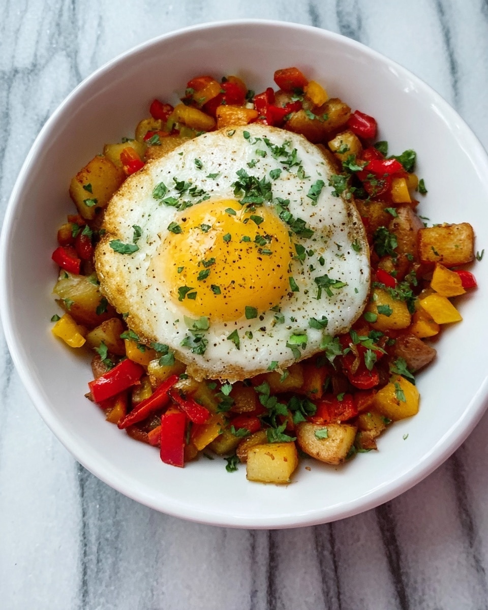 A white bowl filled with a colorful mix of diced yellow and red bell peppers, small cooked potatoes, and garnished with finely chopped green herbs. On top of this mix sits a perfectly cooked fried egg with a bright yellow yolk and slightly browned edges, also sprinkled with green herbs. The bowl is placed on a white marbled surface. photo taken with an iphone --ar 4:5 --v 7