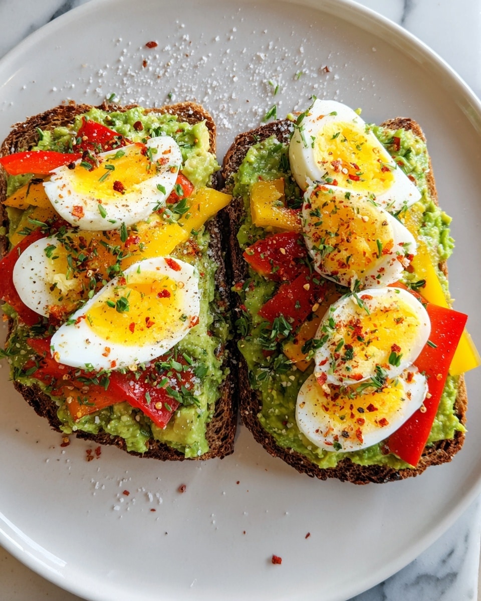 Two pieces of toasted bread sit on a white plate placed on a white marbled surface. One slice is covered with a layer of smooth, bright green mashed avocado. The other slice is topped with the same avocado base, then has a single fried egg with a bright yellow yolk and white edges on top. The egg has small black pepper pieces sprinkled on it. To the side, there is a glass of orange drink partly visible. A woman's hand is reaching towards the plate. photo taken with an iphone --ar 4:5 --v 7
