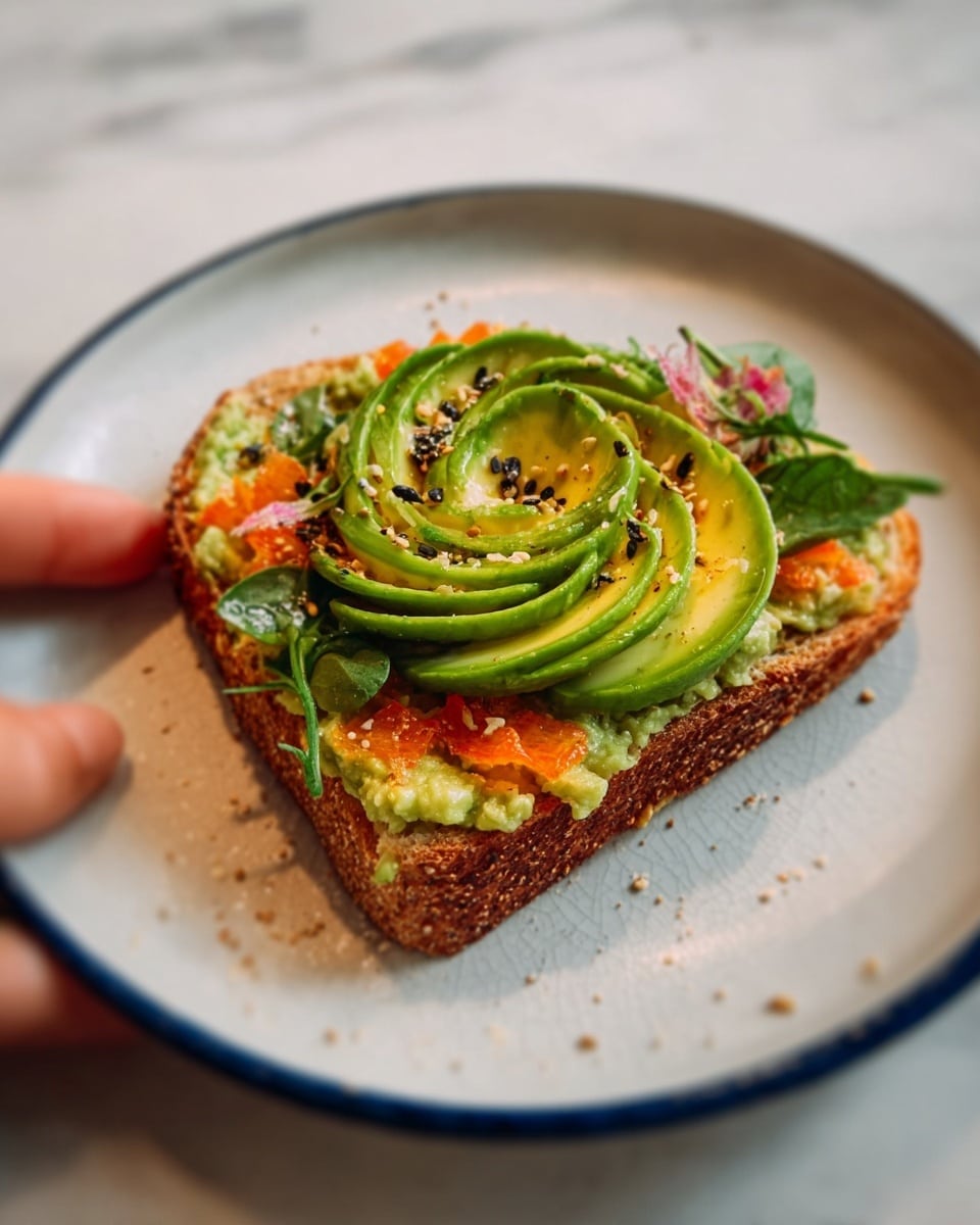 A slice of toasted bread sits on a white plate with a blue rim, placed on a white marbled surface. The toast is topped with a layer of green avocado mashed with small pieces of orange carrot mixed in. On top of this spread, thin, bright green avocado slices are arranged in a detailed rose shape. Small dark seeds and flakes are sprinkled over the avocado rose, with some fresh green leaves tucked underneath. A woman's hand is reaching for the toast from the side. Photo taken with an iphone --ar 4:5 --v 7