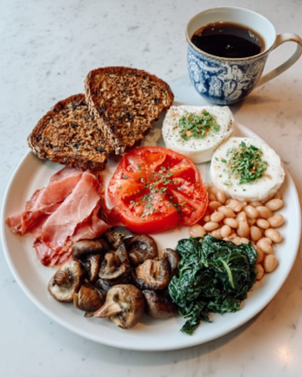 A white round plate on a white marbled surface holds a colorful breakfast arrangement. Starting from the top center, there are two pieces of toasted brown bread with a crunchy texture. Moving clockwise, there are three round slices of white cheese topped with small green herb leaves, placed at the right side. Below the cheese, there are three bright red tomato slices sprinkled with green herbs. Next to the tomato, on the bottom left side, are cooked brown mushrooms with a soft texture. Above the mushrooms, to the left, are pinkish slices of cured meat, folded loosely. In the middle, above the tomatoes and mushrooms, is a serving of white beans. At the top right, close to the bread, is a small pile of finely chopped cooked spinach, dark green in color. Behind the plate, a white cup with blue designs holds a dark brown beverage. Photo taken with an iphone --ar 4:5 --v 7