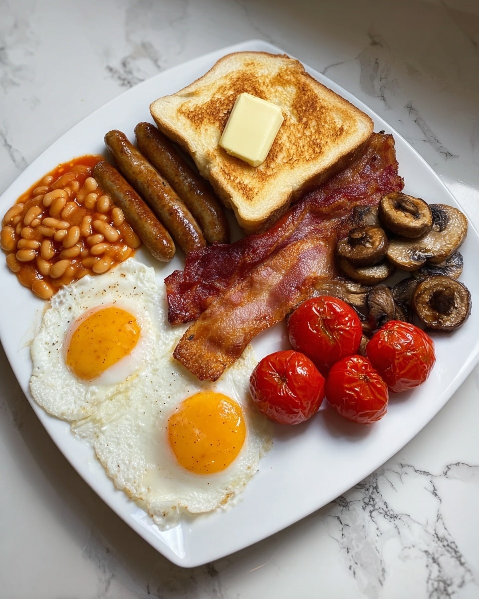 A white square plate holds a full breakfast with several layers: at the back, a slice of toasted bread with a square of butter on top, colored golden brown and light yellow; in front of the toast, four browned sausage links lined up on the left side, next to baked beans in a small heap with orange sauce; on top of two fried eggs with white whites and bright yellow yolks placed side by side on the plate's center bottom; two crispy strips of reddish-brown bacon are laid diagonally over the eggs and beans; on the right side, there are three brown, cooked mushrooms with soft texture, and next to them a cluster of four shiny red vine tomatoes; all placed on a white marbled surface photo taken with an iphone --ar 4:5 --v 7