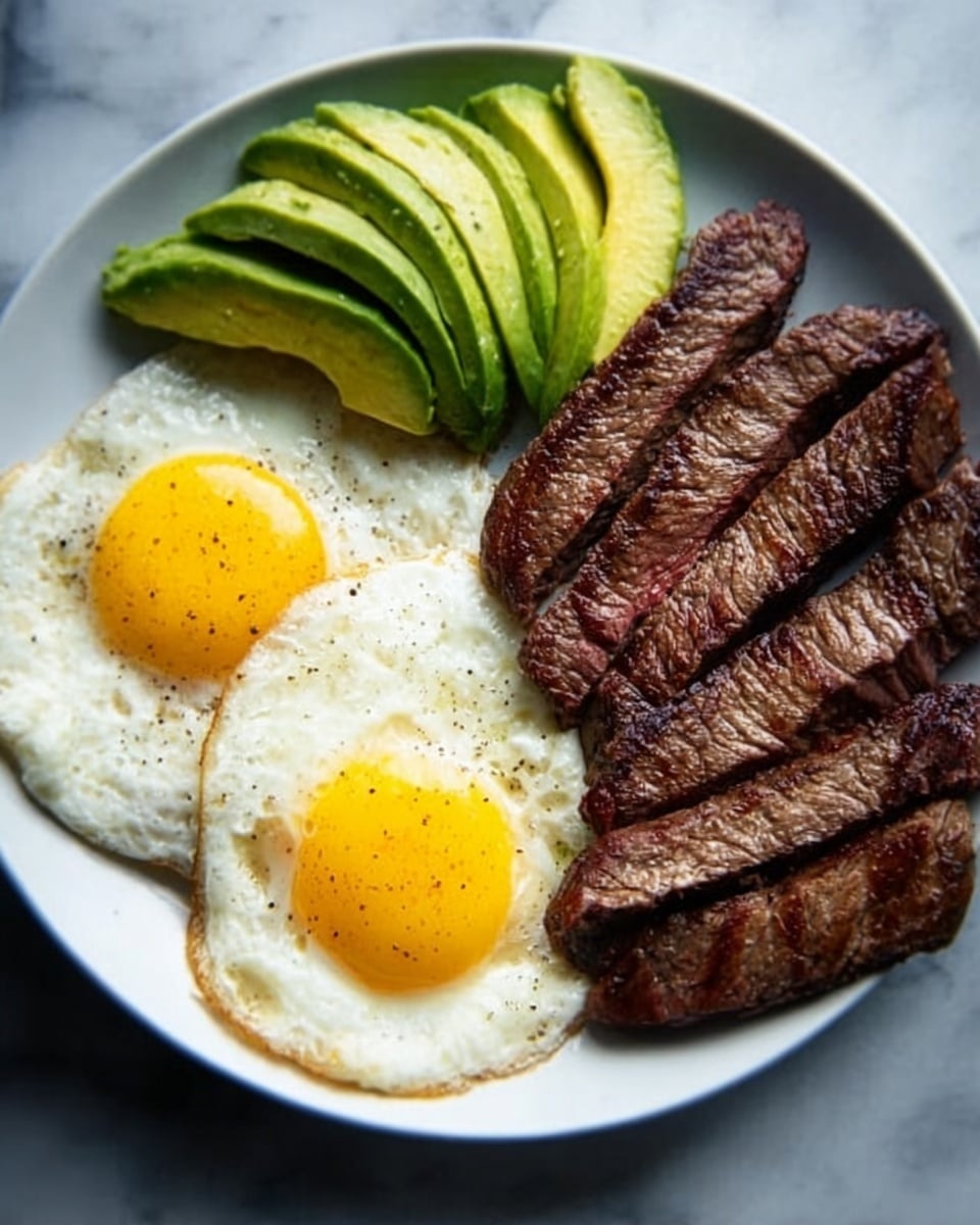 The dish shows a white plate with two fried eggs on the left side, each with bright yellow yolks surrounded by white, slightly crispy edges. To the right side of the eggs are several slices of cooked steak with a brown, grilled texture showing sear marks. On the top left of the plate, there are neatly sliced avocado pieces fanned out, showing a smooth light green inside and a slightly darker green near the edges. The background surface under the plate is a white marbled texture. photo taken with an iphone --ar 4:5 --v 7