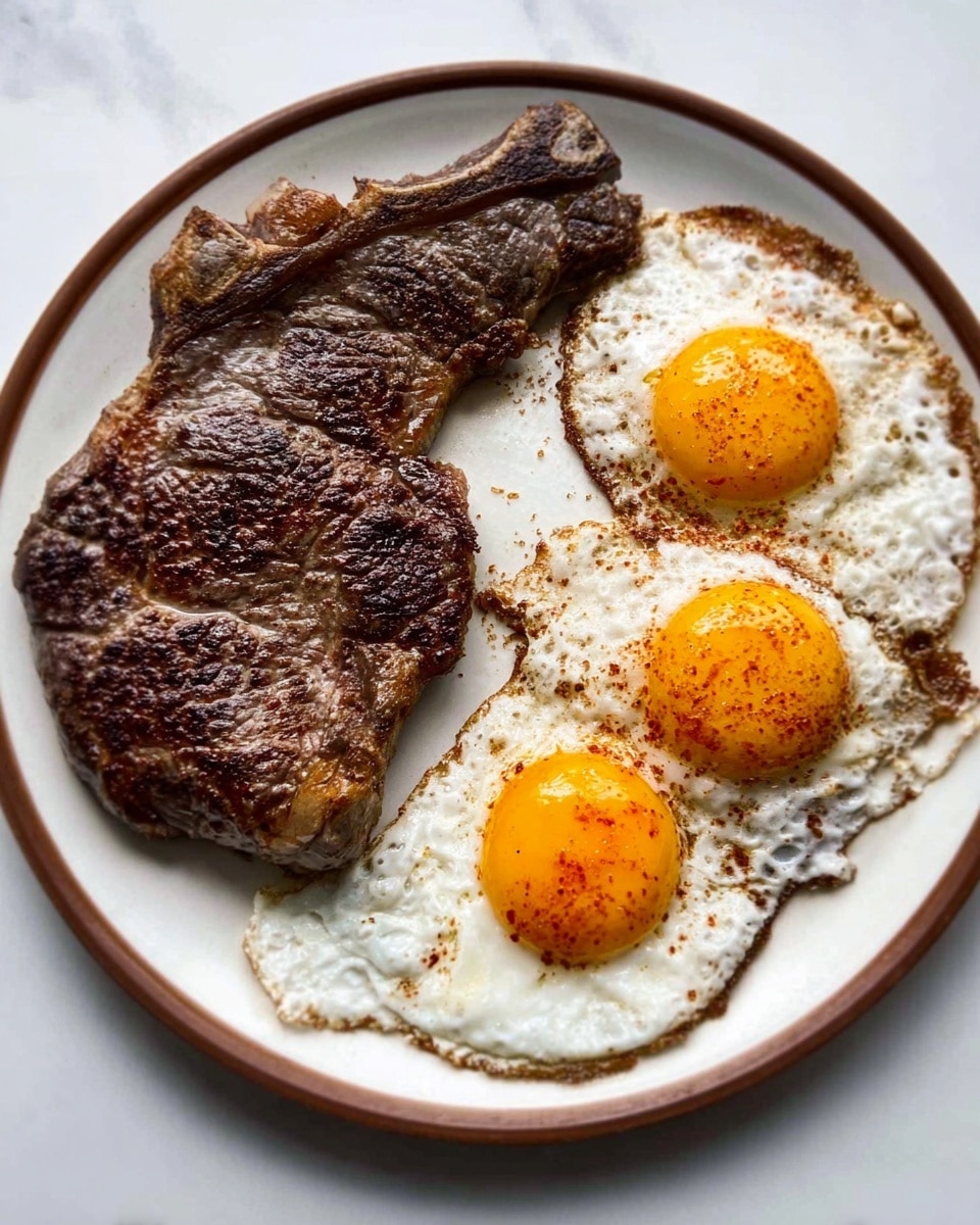 The image shows a white plate with a brown rim on a white marbled surface. On the left side of the plate, there is a large steak with a dark brown, grilled texture and visible sear marks. On the right side, three fried eggs are arranged vertically, each with a bright yellow yolk and slightly crispy, bubbly white edges, showing a thin layer of seasoning on top. The overall look is simple and hearty. Photo taken with an iphone --ar 4:5 --v 7