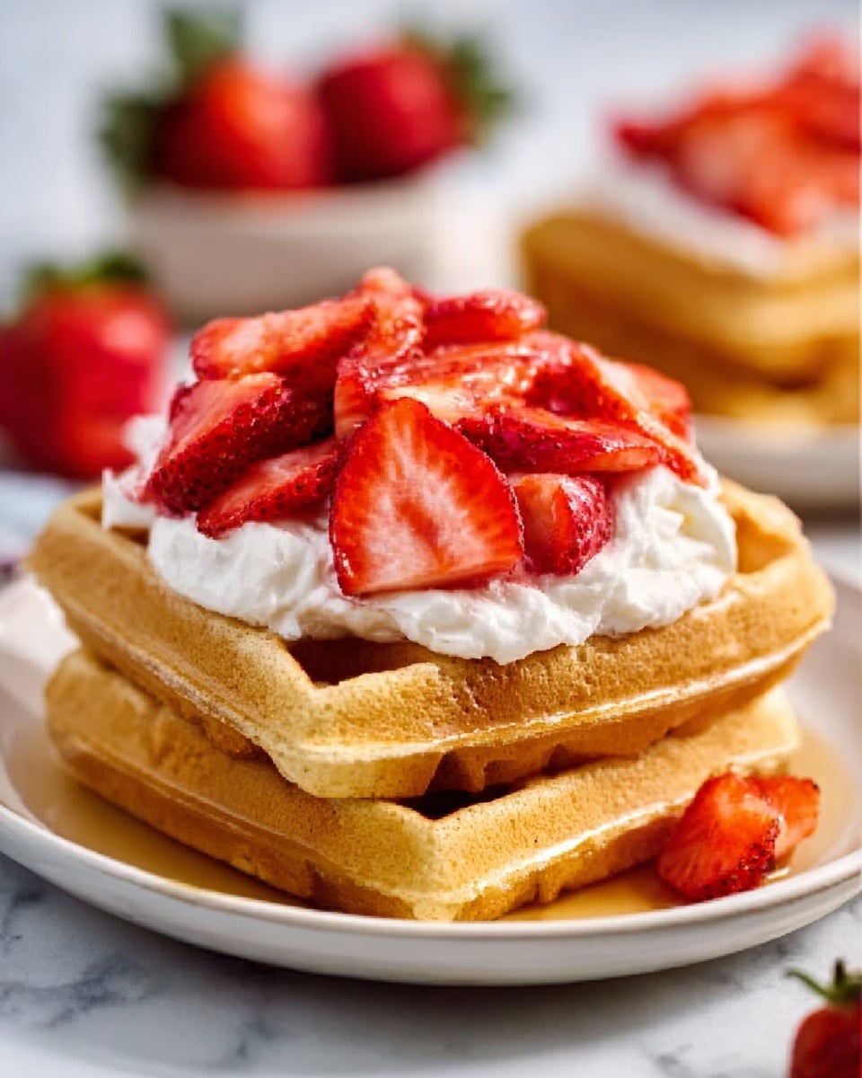A stack of two golden waffles sits in the center of a white plate on a white marbled surface. The waffles have a crisp texture and warm light brown color. On top, there is a thick layer of white cream that looks soft and fluffy. Fresh red strawberry slices with a juicy shine cover the cream and also spill slightly onto the sides of the waffles and plate. The background is softly blurred with some more strawberries visible. Photo taken with an iphone --ar 4:5 --v 7