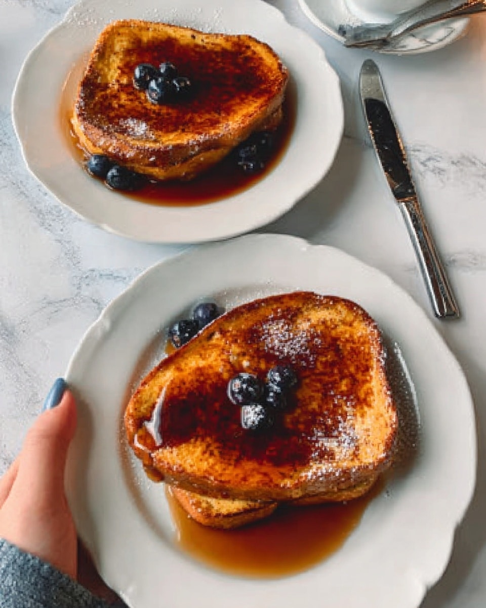 The image shows two slices of French toast on white plates placed on a white marbled surface. Each slice is golden brown with slightly darker edges showing a crispy texture. The toast is topped with a few blueberries scattered on and around it. A thick, dark syrup is poured over the slices, pooling on the plates and creating shiny reflections. There is a knife with a black handle and a silver blade resting beside the toast on the lower plate. A woman's hand holds the upper plate from the side. The setup looks cozy and inviting, highlighting the warm colors of the toast and syrup against the clean white plates and surface. photo taken with an iphone --ar 4:5 --v 7