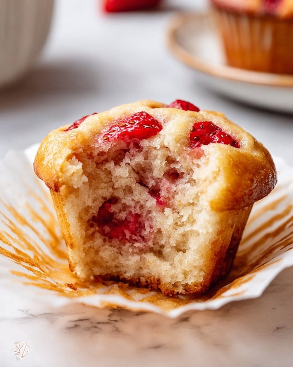 A close-up view of a partially eaten strawberry muffin sitting on an open white paper liner, showing one layer of soft, light golden muffin inside with small red strawberry pieces embedded on top and inside. The muffin has a slightly browned top with visible bits of strawberries giving a fresh, juicy look. The background is a white marbled surface with another plate blurred out in the background. photo taken with an iphone --ar 4:5 --v 7
