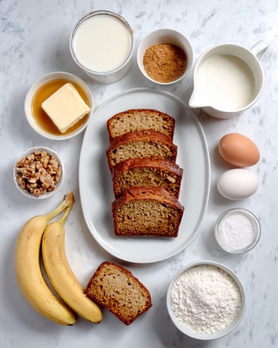 The image shows a top view of ingredients laid out on a white marbled surface. In the center, there is a white plate with six slices of banana bread arranged neatly in two columns. Around the plate, there are small white bowls and glasses with various ingredients: a square piece of butter on a small dish, a bowl of brown sugar, a small bowl of chopped nuts, two white eggs, a small bowl of syrup, a peeled ripe banana, a small bowl of white flour, a glass of milk, and a couple of other white bowls containing white powders like baking soda or powder. A woman's hand is holding the banana bread slice gently. photo taken with an iphone --ar 4:5 --v 7