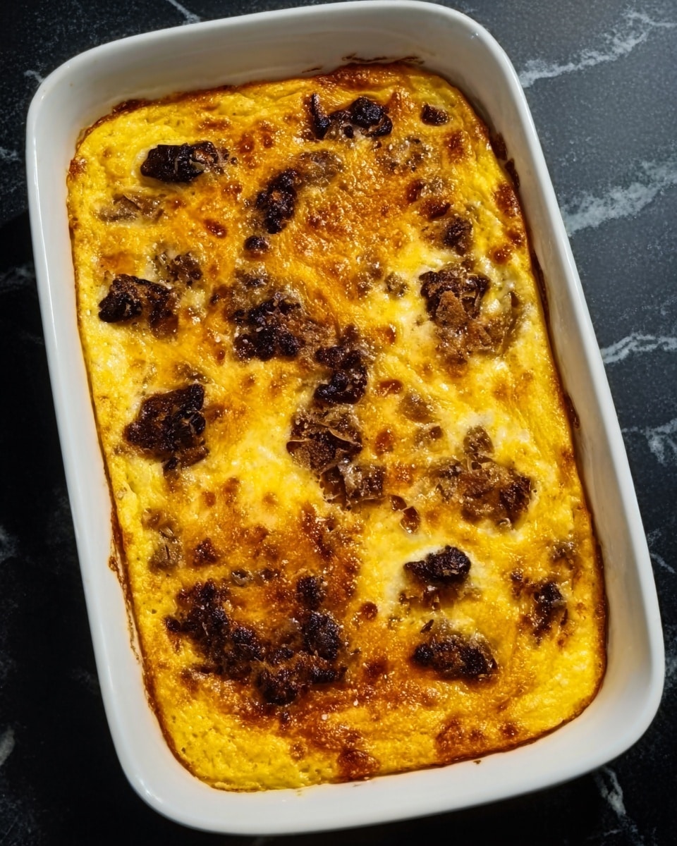 The image shows a rectangular white ceramic baking dish filled with a baked casserole. The top layer is golden yellow with some burnt brown spots, showing slightly crispy texture. Dark brown pieces of what looks like cooked meat or vegetables are spread unevenly on the top surface, adding rough texture contrasts. The dish is placed on a dark surface that has been visually changed to a white marbled texture. photo taken with an iphone --ar 4:5 --v 7