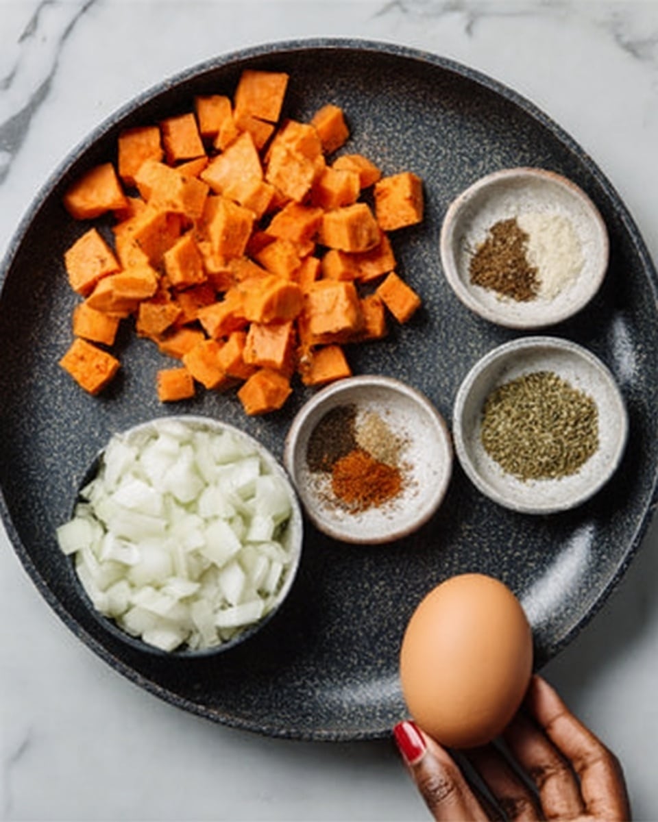 The image shows a round dark pan on a white marbled surface, with three small white bowls inside it. One bowl contains small orange sweet potato cubes, another bowl holds white chopped onions, and the third bowl has a mix of different spices in small piles, featuring colors like brown, green, and beige. A single brown egg rests near the spice bowl. A woman's hand with painted nails is reaching over the pan. Photo taken with an iphone --ar 4:5 --v 7