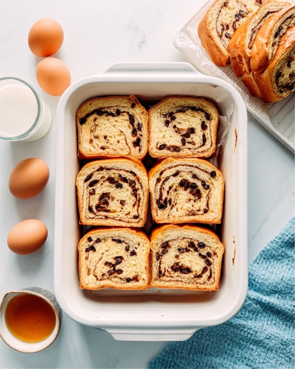 The image shows six slices of swirled bread with raisins arranged neatly in two rows inside a white rectangular baking dish. The bread has a light brown crust and soft, swirly tan and dark brown patterns with raisins inside. To the top right, there is a white long tray with more slices of the same bread stacked closely. On the bottom right, a blue cloth is partly visible. On the top left, there are six brown eggs placed on a white marbled surface, next to a small glass of milk and a small round container of liquid, possibly syrup or oil. The whole setting is on a white marbled surface with soft, natural lighting. Photo taken with an iphone --ar 4:5 --v 7