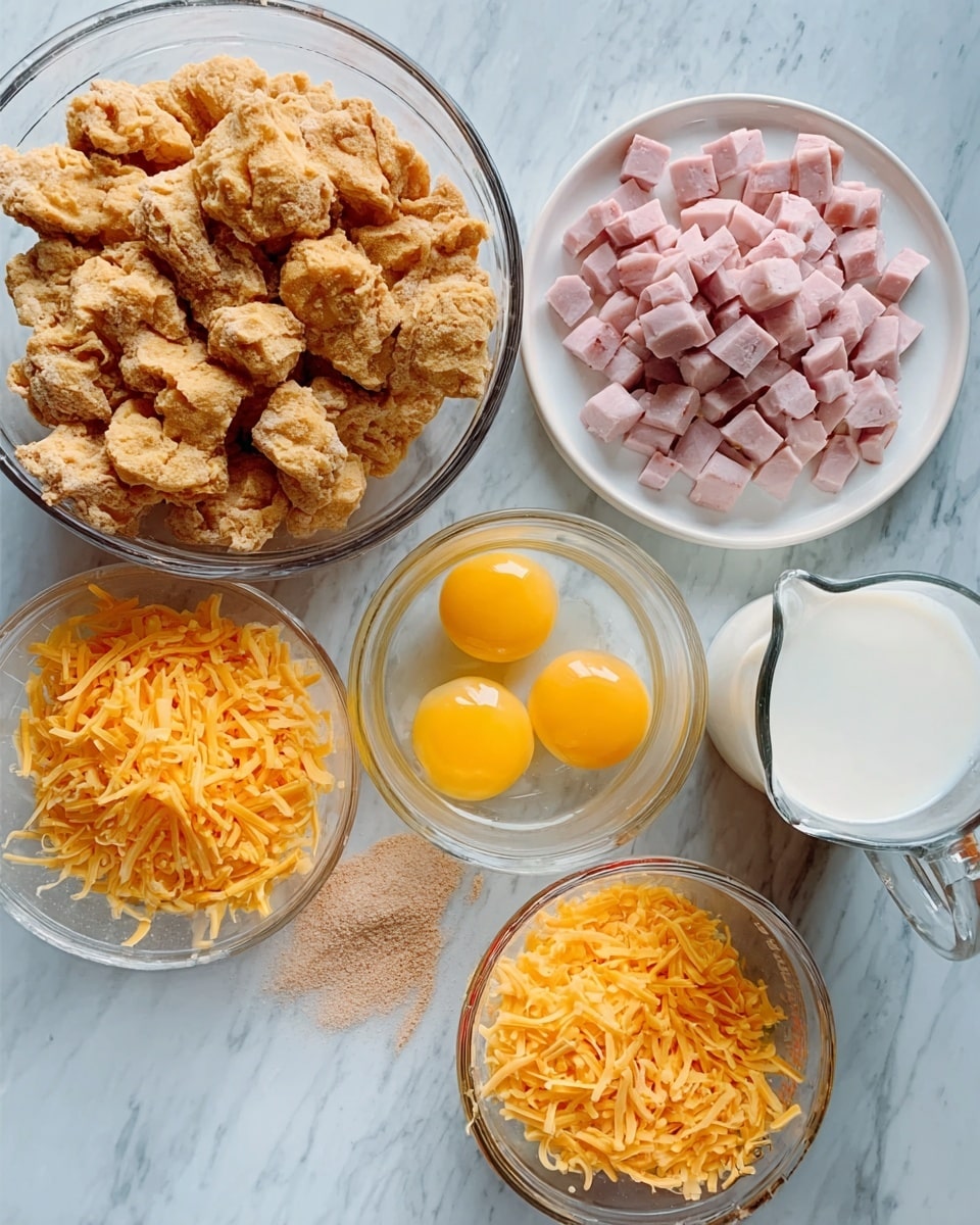 The image shows ingredients for a recipe arranged on a white marbled surface. There is a clear glass bowl filled with light brown coated pieces, a glass bowl with cracked egg yolks floating in clear egg whites, a clear glass measuring cup with small cubes of pink ham, a white plate with shredded orange cheese, and a clear glass filled with white milk. A small pile of light brown seasoning powder is on the surface next to the bowls. Photo taken with an iphone --ar 4:5 --v 7