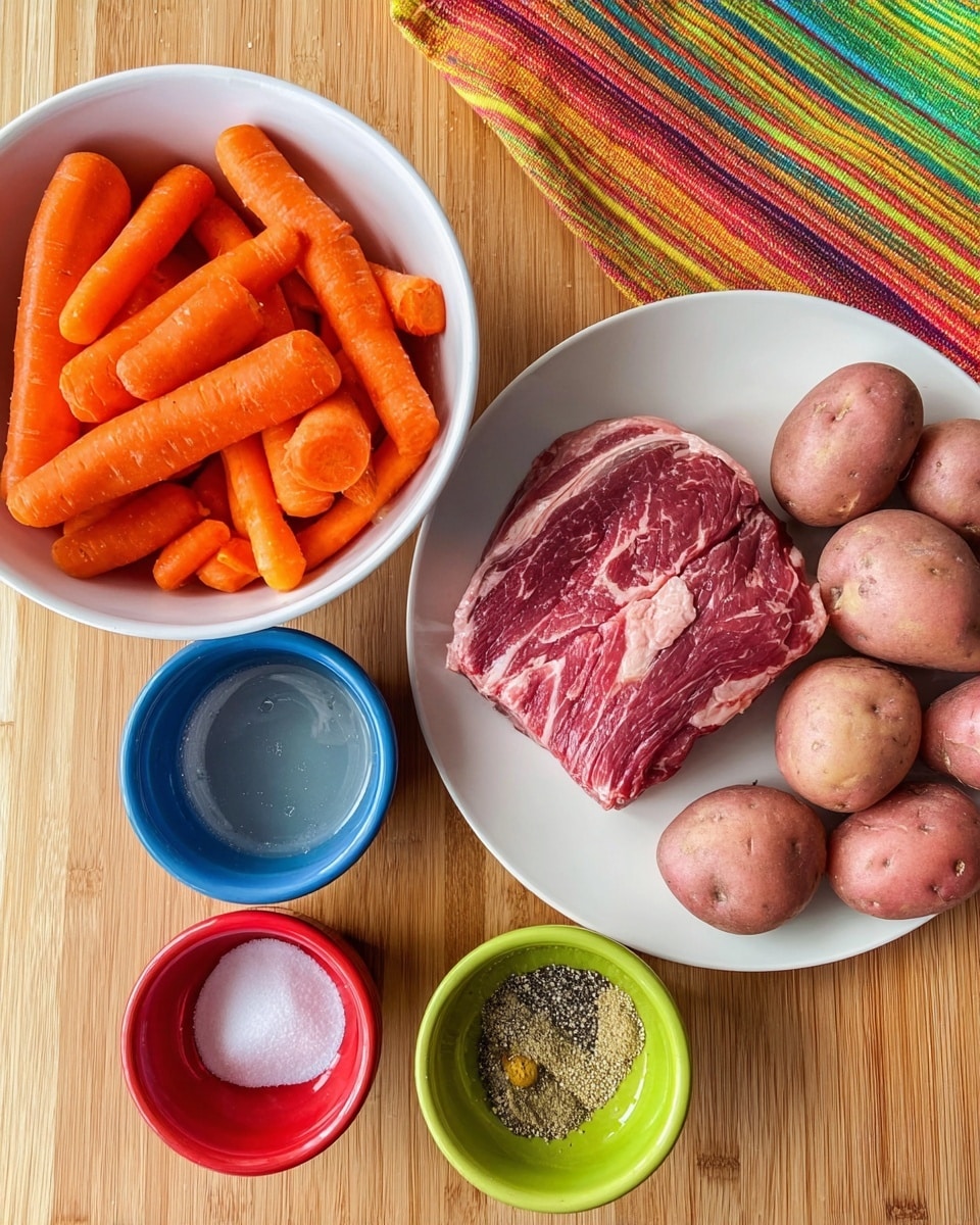 A white bowl filled with two layers: bright orange baby carrots on the left and smooth, round pink potatoes on the right. Next to this bowl, a white plate holds a single thick piece of raw red beef with white fat veins running through it, showing a marbled texture. Below these, three small round bowls are arranged in a row on a light wooden surface: a blue bowl with clear liquid, a red bowl with two halves of black pepper and white salt, and a green bowl holding a mix of coarse black and yellow seasonings. A colorful striped cloth with green, yellow, and red hues is visible on the right side. photo taken with an iphone --ar 4:5 --v 7