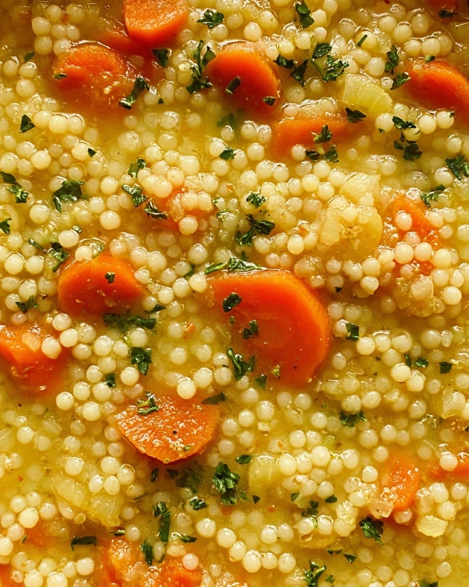 The image shows a close-up view of a dish made with small round grains resembling couscous or small pasta pearls cooked with pieces of orange carrot slices and sprinkled with finely chopped green herbs. The texture looks soft and stewed, with a light yellow broth binding all the ingredients together. The bright orange carrots provide pops of color among the creamy yellow grains and small green herb bits are scattered evenly on top. The overall look suggests a warm, comforting bowl of a simple, hearty dish. Photo taken with an iphone --ar 4:5 --v 7
