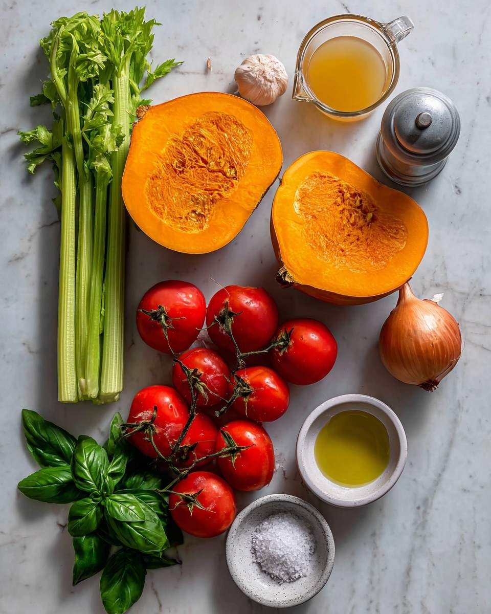 The image shows fresh ingredients arranged on a white marbled surface. There are two large halves of bright orange pumpkin, one whole yellow onion, a bulb of garlic, and five shiny red tomatoes on the vine with four loose tomatoes nearby. A bunch of green celery sticks with leaves is placed vertically on the left side, along with fresh green basil leaves at the bottom. A small white bowl contains a golden yellow liquid, likely olive oil, and a small white dish holds coarse white salt. There is also a glass measuring cup filled with light yellow broth or juice, and a pepper grinder with a gray top is placed near the top right corner. photo taken with an iphone --ar 4:5 --v 7