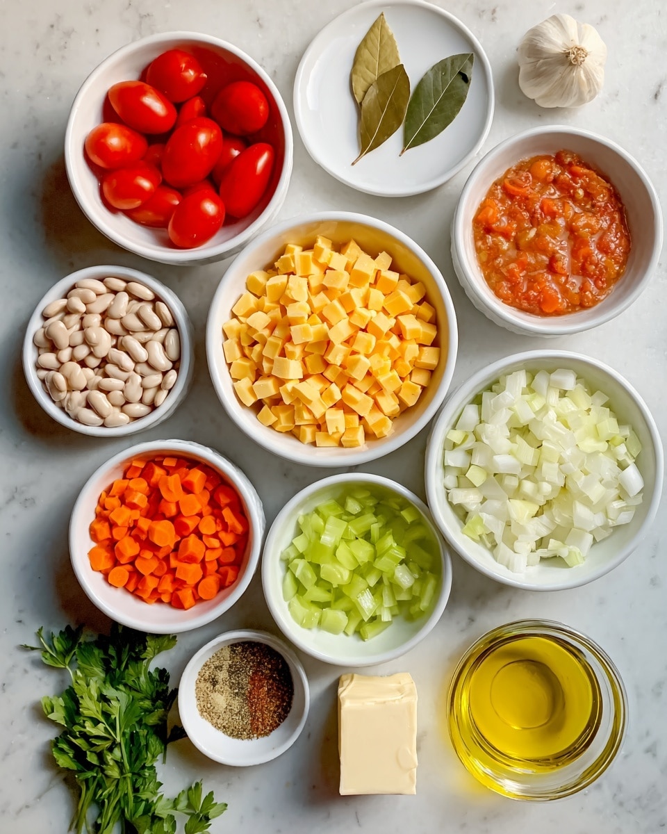 The image shows a white marbled surface with several white bowls and small plates arranged neatly. There are three small peeled tomatoes in one white bowl at the top left, minced garlic and bay leaves on a small white plate next to it. A white bowl with cubed yellow cheese is in the center, surrounded by smaller white bowls containing diced carrots, chopped celery, and chopped onions. A bowl at the bottom left holds dry white beans, while a small white plate with a cube of butter sits near the bottom. There is also a small white bowl with mixed spices, and a clear container holding bright yellow oil. Fresh green herbs are placed at the bottom edge. Photo taken with an iphone --ar 4:5 --v 7