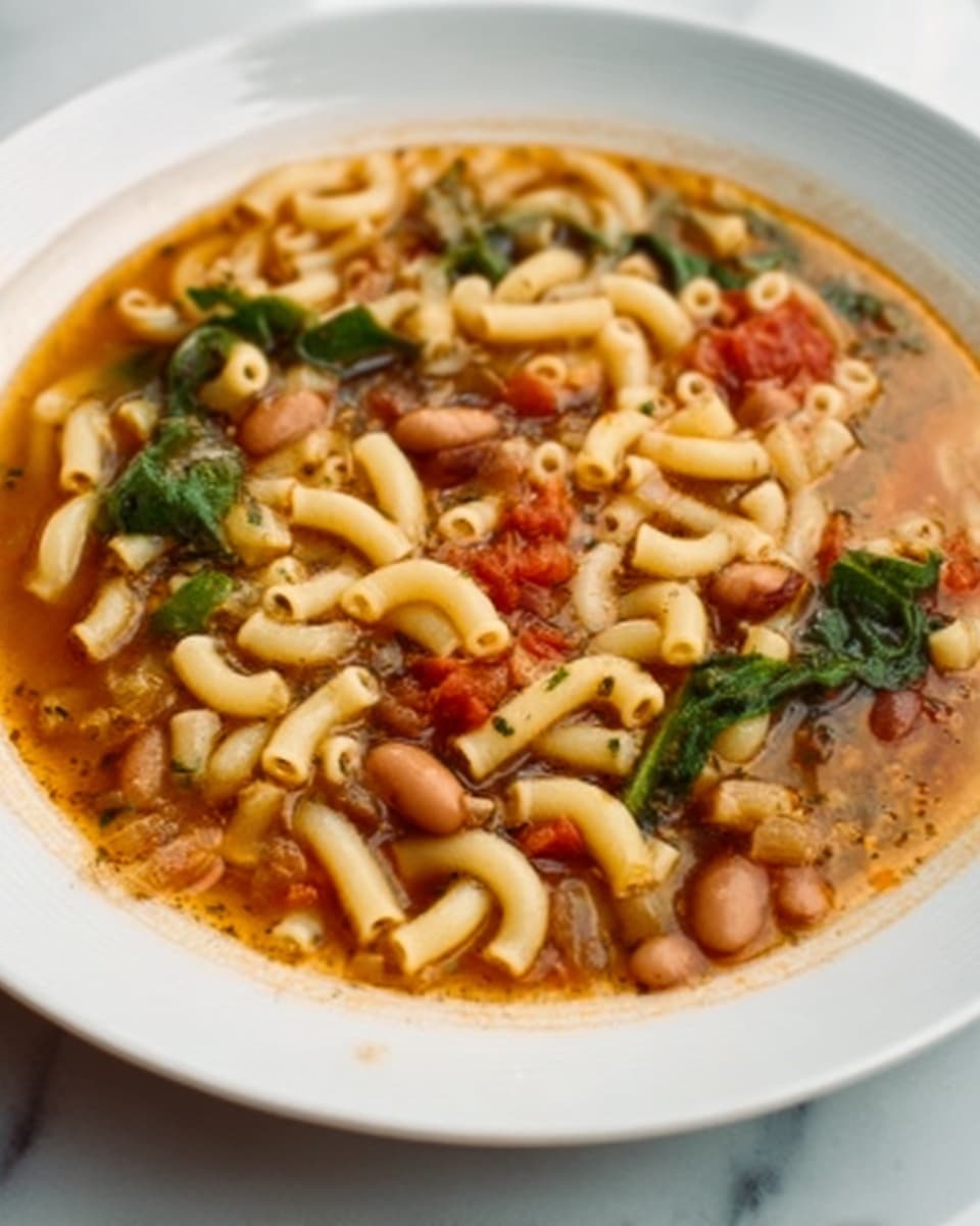 A white pot filled with soup that has small round pasta and tiny meatballs floating in a light brown broth. The pasta pieces are pale yellow and tube-shaped, evenly spread throughout the soup. The meatballs are small, round, and brown, nestled between the pasta pieces. There is a white spoon with a long handle resting inside the pot, scooping some of the soup. The pot sits on a white marbled surface with a striped cloth beside it. Photo taken with an iphone --ar 4:5 --v 7