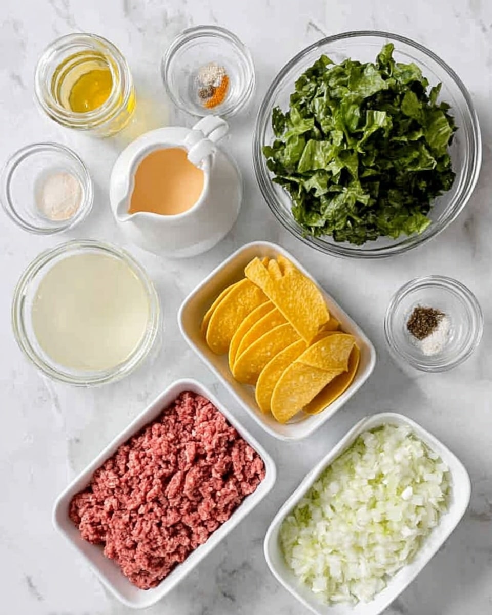 The image shows multiple small white bowls and a white rectangular dish arranged on a white marbled surface. The largest bowl in the center contains yellow, folded taco shells. To the right, a large white bowl is filled with dark green lettuce pieces. Below the lettuce, there is a small white bowl filled with finely chopped white onions. To the left of the onions, a white rectangular dish holds raw, finely ground beef with a reddish color. Above the beef is a medium white bowl filled with light orange-colored sauce, and next to it, a small white pitcher has a light cream liquid. Other small white bowls contain spices, salt, garlic, and a liquid which is likely oil or vinegar. The containers are evenly spaced creating a clean and organized look. Photo taken with an iphone --ar 4:5 --v 7