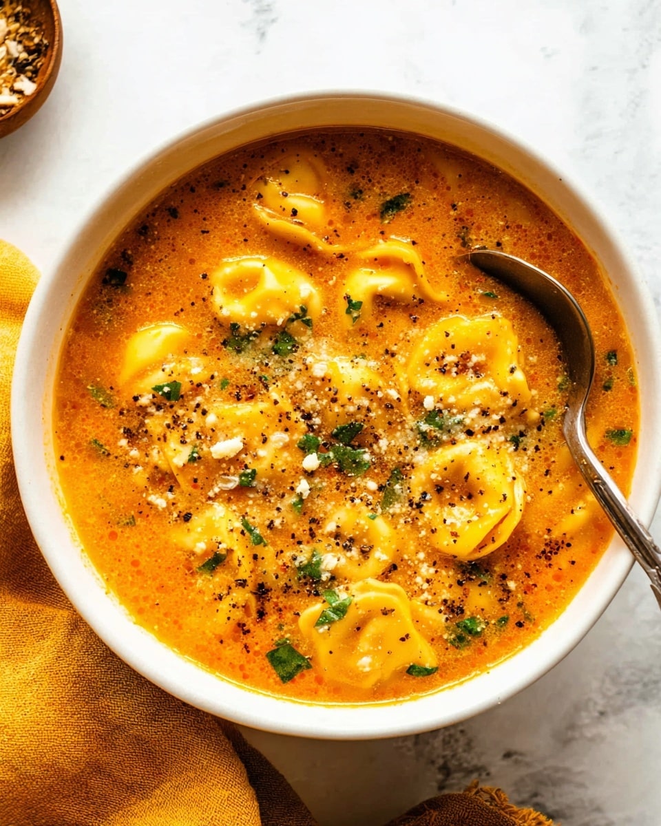 A white bowl filled with a warm orange soup that has soft yellow tortellini pieces floating throughout. The soup appears thick and hearty, with visible bits of green herbs and small crumbles of cheese sprinkled on top, along with a few black pepper specks for texture. A shiny silver spoon rests inside the bowl on the right side, dipping slightly into the soup. The bowl is placed on a white marbled surface and partly shows a mustard yellow cloth nearby. photo taken with an iphone --ar 4:5 --v 7