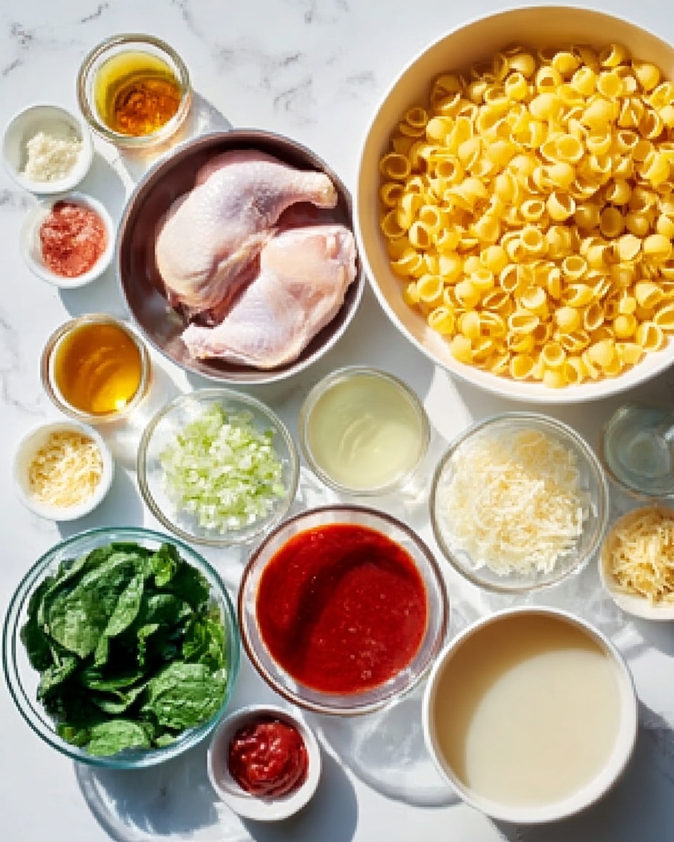 The image shows ingredients arranged neatly on a white marbled surface for making a meal. There is a large white bowl filled with yellow pasta shells in the upper right corner. Near the center, a metal bowl holds two raw chicken pieces with their skin on. Around them are smaller white bowls and glass containers holding various ingredients: finely chopped green spinach leaves, diced onions, shredded cheese, grated Parmesan, tomato sauce, red sauce in small bowls, milk, and broth in a large white bowl. The colors range from green, yellow, white, red, and light brown, all evenly spaced and clear. The overall look is bright and clean with natural light. Photo taken with an iphone --ar 4:5 --v 7