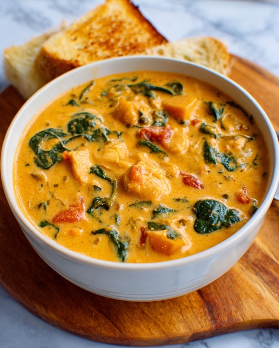 A white bowl filled with creamy orange soup sits on a wooden board with a white marbled surface underneath. The soup has visible pieces of cooked chicken, bright green spinach leaves, and small chunks of orange squash or sweet potato. There are also bits of red tomato and a thick, smooth texture that looks rich and hearty. A toasted piece of bread is placed partly visible in the background beside the bowl. Photo taken with an iphone --ar 4:5 --v 7