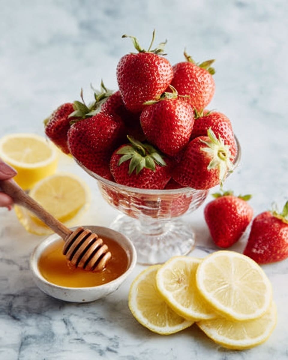 A clear glass bowl filled with whole and halved bright red strawberries stacked on top of each other, placed on a white marbled surface. Around the bowl are several lemon slices arranged casually, along with a small white bowl filled with golden honey and a wooden honey dipper resting inside. The strawberries are fresh with green tops, the lemon slices are pale yellow with white borders, and the honey looks smooth and shiny. A woman's hand is holding the glass bowl from the left side. Photo taken with an iphone --ar 4:5 --v 7