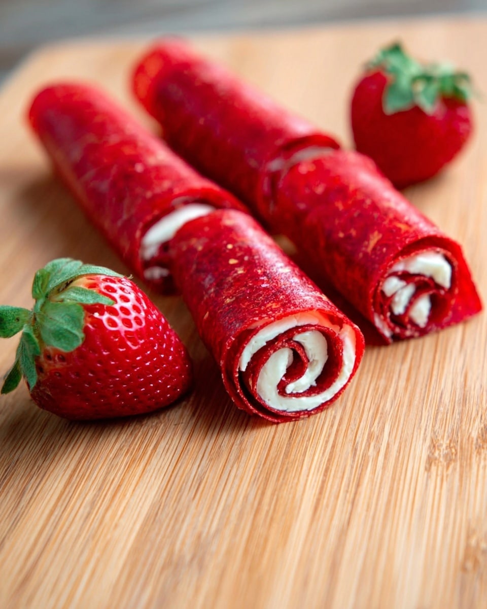 The image shows three thin, rolled red fruit leather strips placed on a white marbled surface, each roll slightly unrolled at one end. Surrounding the rolls are four bright red strawberries with green leafy tops, spaced evenly around them. The colors are vibrant, with a soft shine on the fruit leather and a fresh look to the strawberries. The light creates soft shadows under each element, giving a clear and fresh appearance. Photo taken with an iphone --ar 4:5 --v 7