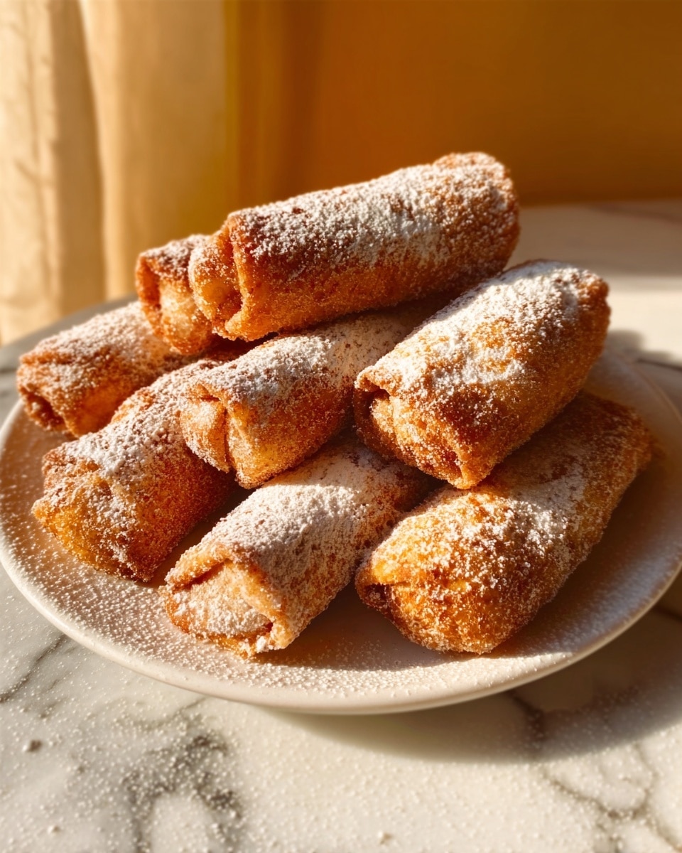 The image shows five golden-brown, crispy fried rolls stacked on a white plate. The rolls have a rough, crunchy texture and are arranged in a small pile leaning against each other. To the back left of the plate, there are two small white bowls, one containing a light orange sauce and the other a dark brown sauce. The whole scene sits on a white marbled surface. photo taken with an iphone --ar 4:5 --v 7