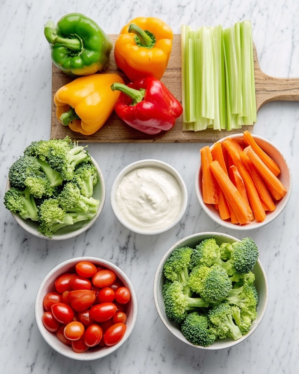 The image shows six separate white bowls and a wooden board arranged on a white marbled surface. The top row has three bell peppers: green, red, and yellow, placed directly on the surface. Below them, a wooden board holds long, pale green celery sticks. To the right, a white bowl is filled with small, bright orange baby carrots. Below that, another white bowl contains green broccoli florets, and a smaller white bowl next to it is filled with shiny red grape tomatoes. In the center, there is a white bowl of creamy white dip. Photo taken with an iphone --ar 4:5 --v 7