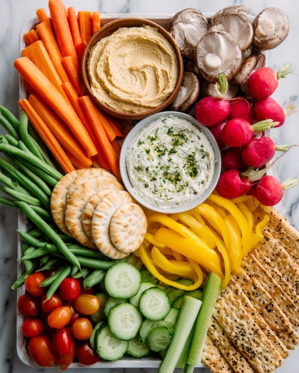 The image shows a large white tray filled with colorful food items arranged in layers. Starting from the top left, there is a small bowl of beige hummus with a smooth texture. Around the bowl, there are sliced mushrooms, orange carrot sticks, and whole red radishes. Below that, there is a stack of small white pita breads in the center. To the right of the pita, there are bright yellow bell pepper strips. Below the pita, there is a round white bowl of creamy white dip with green herb sprinkles on top. Surrounding the dip and pita are sliced green cucumbers, small red cherry tomatoes, green beans, green celery sticks, and tall rectangular brown crackers with seeds. The background is a white marbled textured surface. Photo taken with an iphone --ar 4:5 --v 7