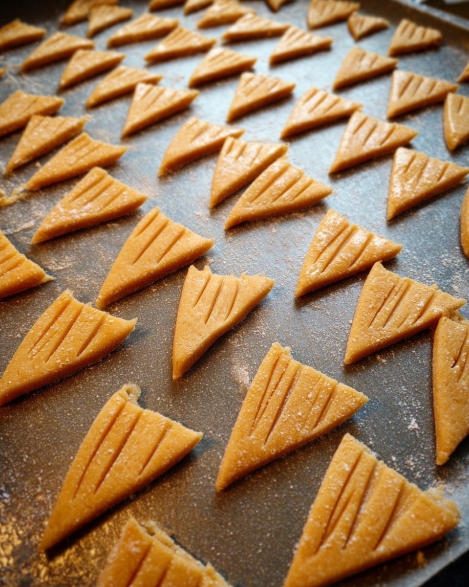 The image shows many small, triangular pieces of pale orange dough, arranged neatly in rows on a baking tray with a shiny, slightly dark textured surface. Each triangle has shallow diagonal cuts on the top, giving a striped pattern. The triangles are evenly spaced, and the baking tray fills the entire frame. Photo taken with an iphone --ar 4:5 --v 7