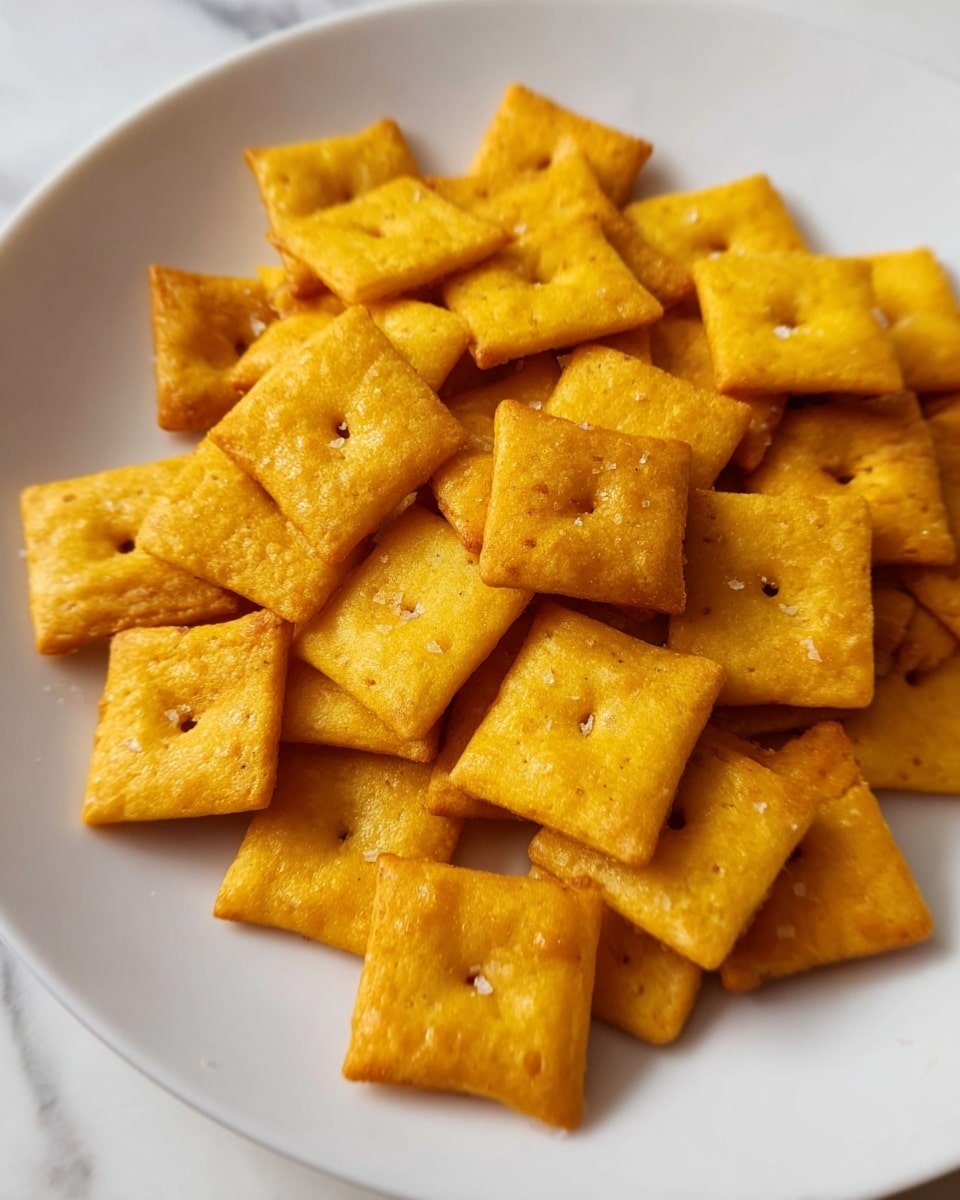 The image shows a white plate filled with a pile of golden-yellow square crackers. Each cracker has a small hole in the center and a slightly rough texture, with a few showing small salt grains on top. The crackers are stacked unevenly, some laying flat while others are tilted or resting on top of each other. The plate sits on a white marbled surface, which creates a clean and bright background. photo taken with an iphone --ar 4:5 --v 7