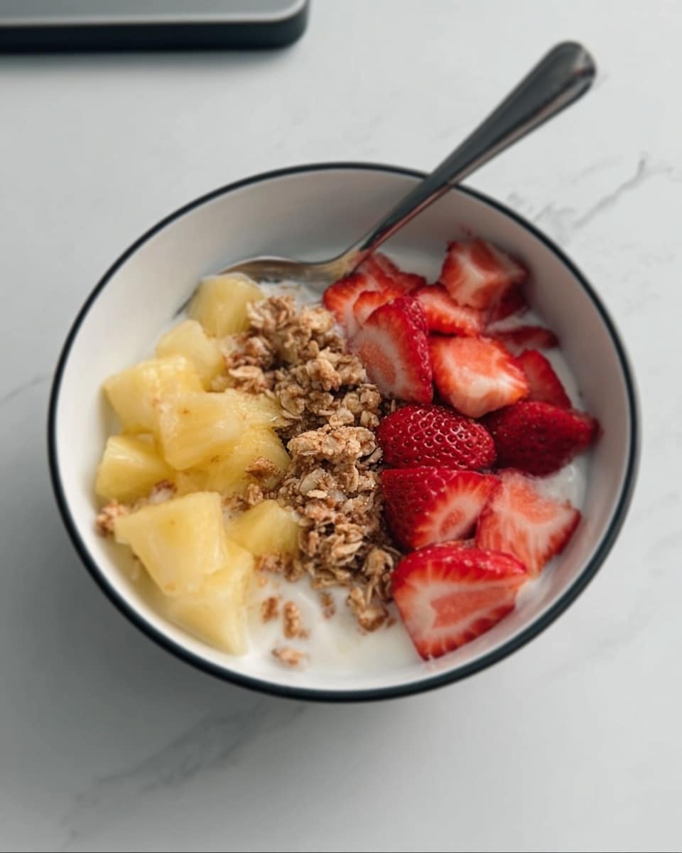 A white bowl with a black rim holds a layered breakfast dish. The bottom layer is white creamy yogurt. On one side, there are small pineapple chunks that are yellow and juicy. On the opposite side, there is a mound of light brown granola with a crumbly texture. Fresh red strawberry slices are spread in the middle, bright and juicy, and a silver spoon is resting inside the bowl. The bowl sits on a white marbled surface. The photo taken with an iphone --ar 4:5 --v 7