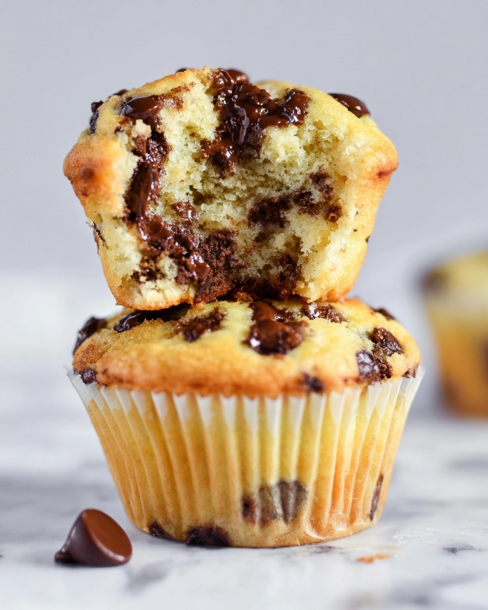 A close-up of a two-layer chocolate chip muffin placed on a white marbled surface, the bottom layer is a whole muffin with a light golden color and dark chocolate chips scattered throughout its textured surface, the top layer is a broken half of the same muffin showing the soft, moist, and crumbly inside filled with melted chocolate chips, the muffin is in a light yellowish paper wrapper with slightly crinkled edges, a few melted chocolate chips are visible on the wrapper, one loose chocolate chip lies on the surface near the muffin, photo taken with an iphone --ar 4:5 --v 7
